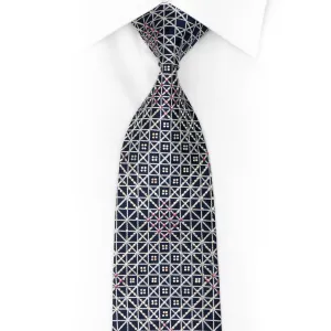 Silver Trellis On Navy Rhinestone Silk Necktie With Silver Sparkles