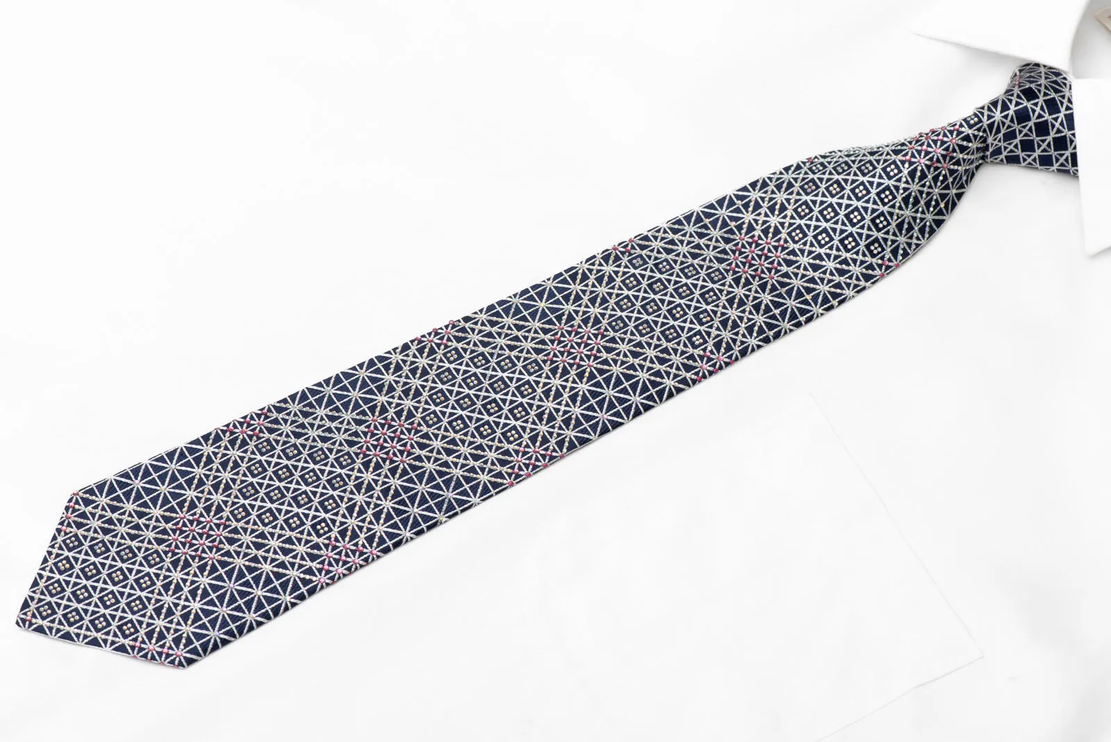 Silver Trellis On Navy Rhinestone Silk Necktie With Silver Sparkles