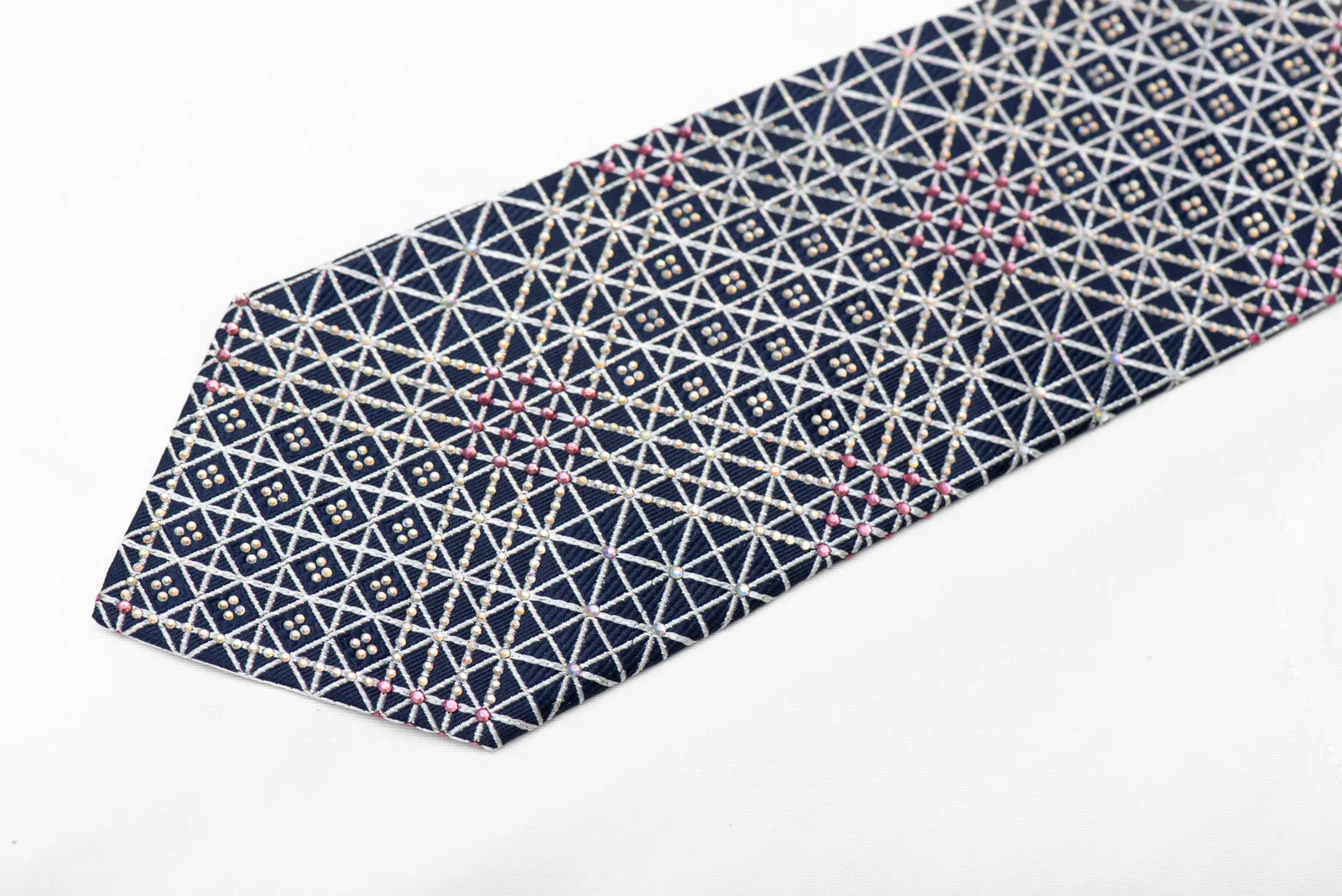 Silver Trellis On Navy Rhinestone Silk Necktie With Silver Sparkles