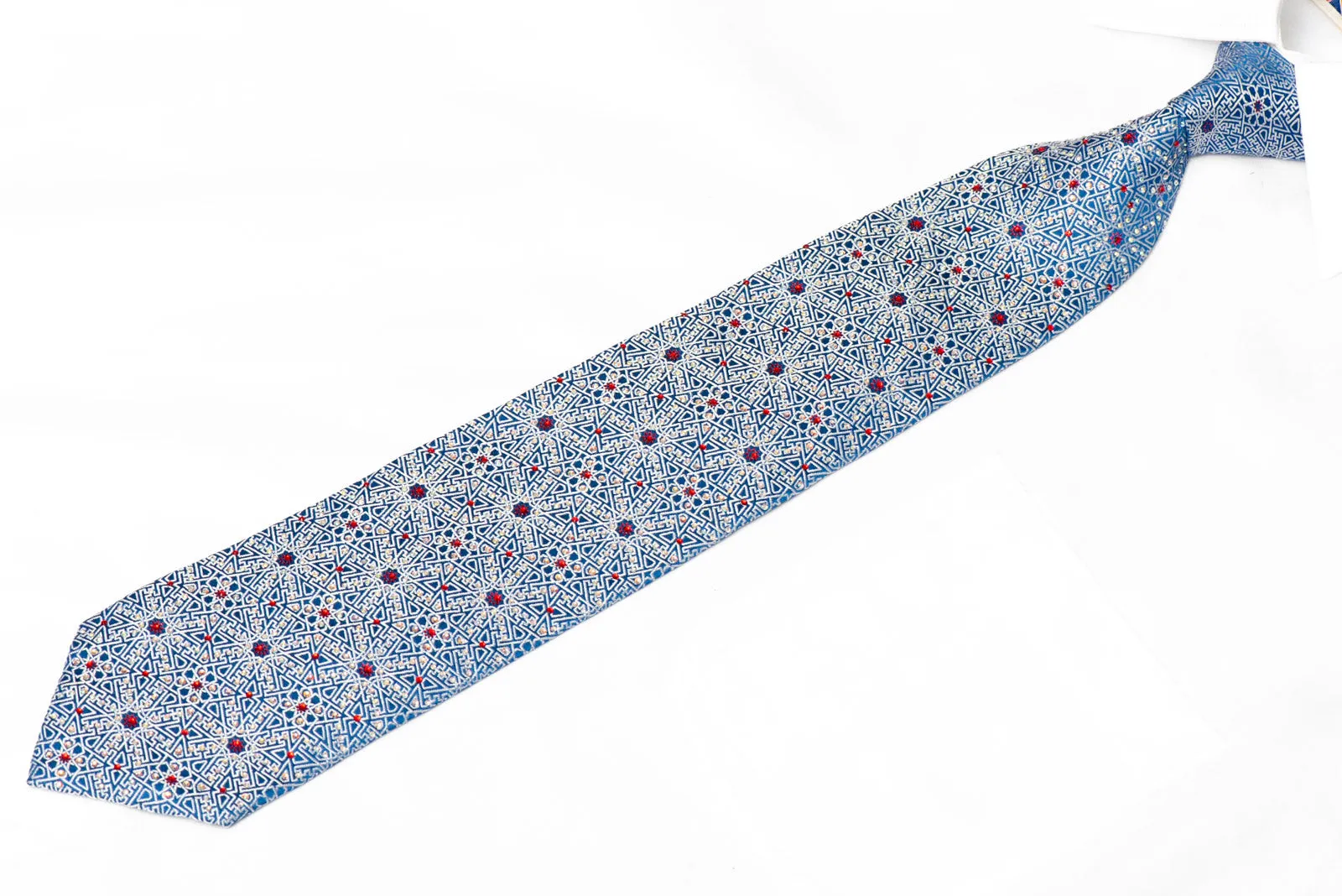 Silver Trellis On Pale Blue Rhinestone Silk Necktie With Silver Sparkles