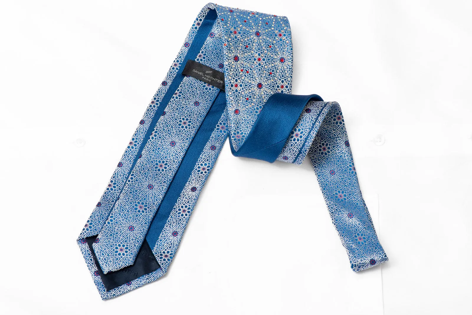 Silver Trellis On Pale Blue Rhinestone Silk Necktie With Silver Sparkles