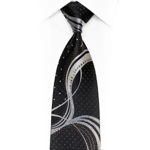 Silver Waves On Black Rhinestone Silk Necktie With Gold Sparkles