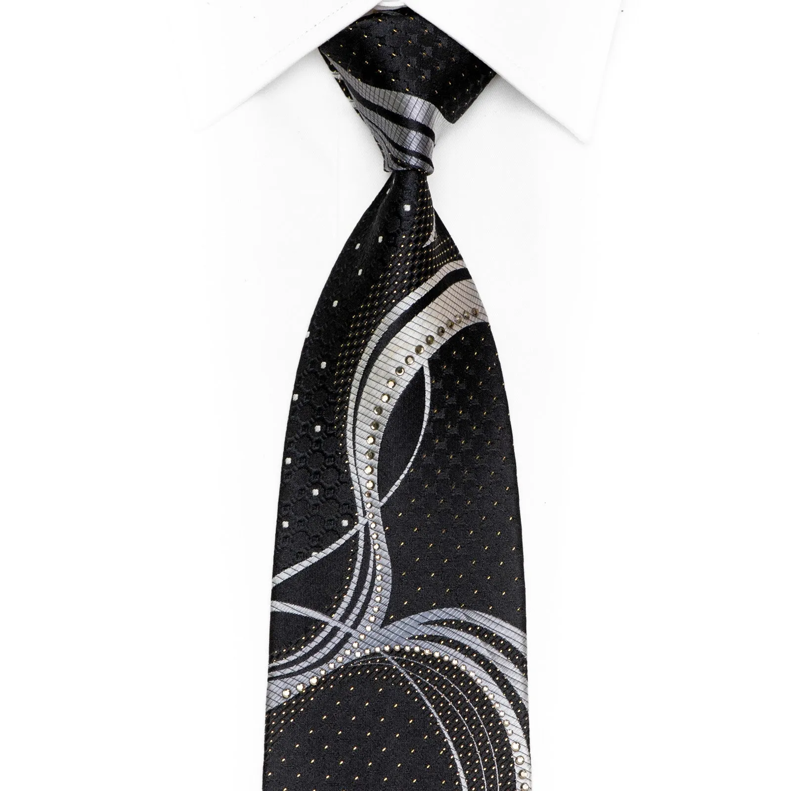 Silver Waves On Black Rhinestone Silk Necktie With Gold Sparkles