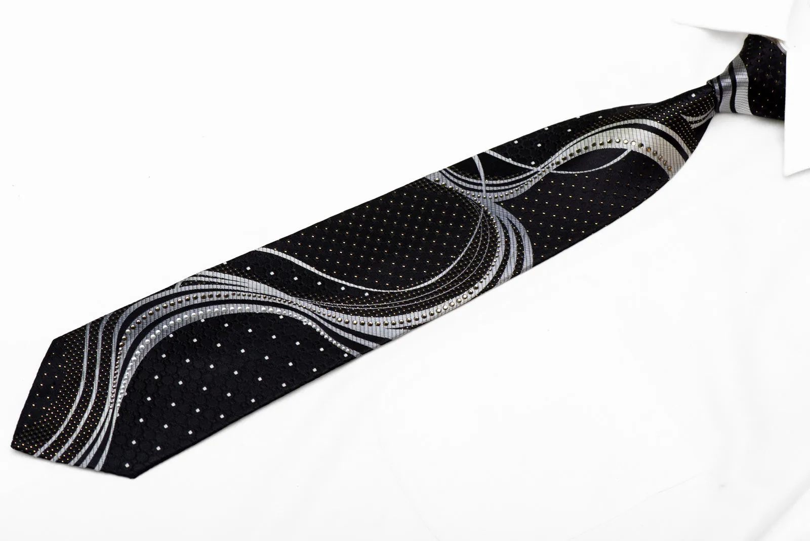 Silver Waves On Black Rhinestone Silk Necktie With Gold Sparkles