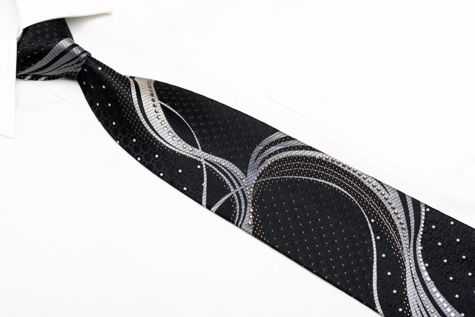 Silver Waves On Black Rhinestone Silk Necktie With Gold Sparkles