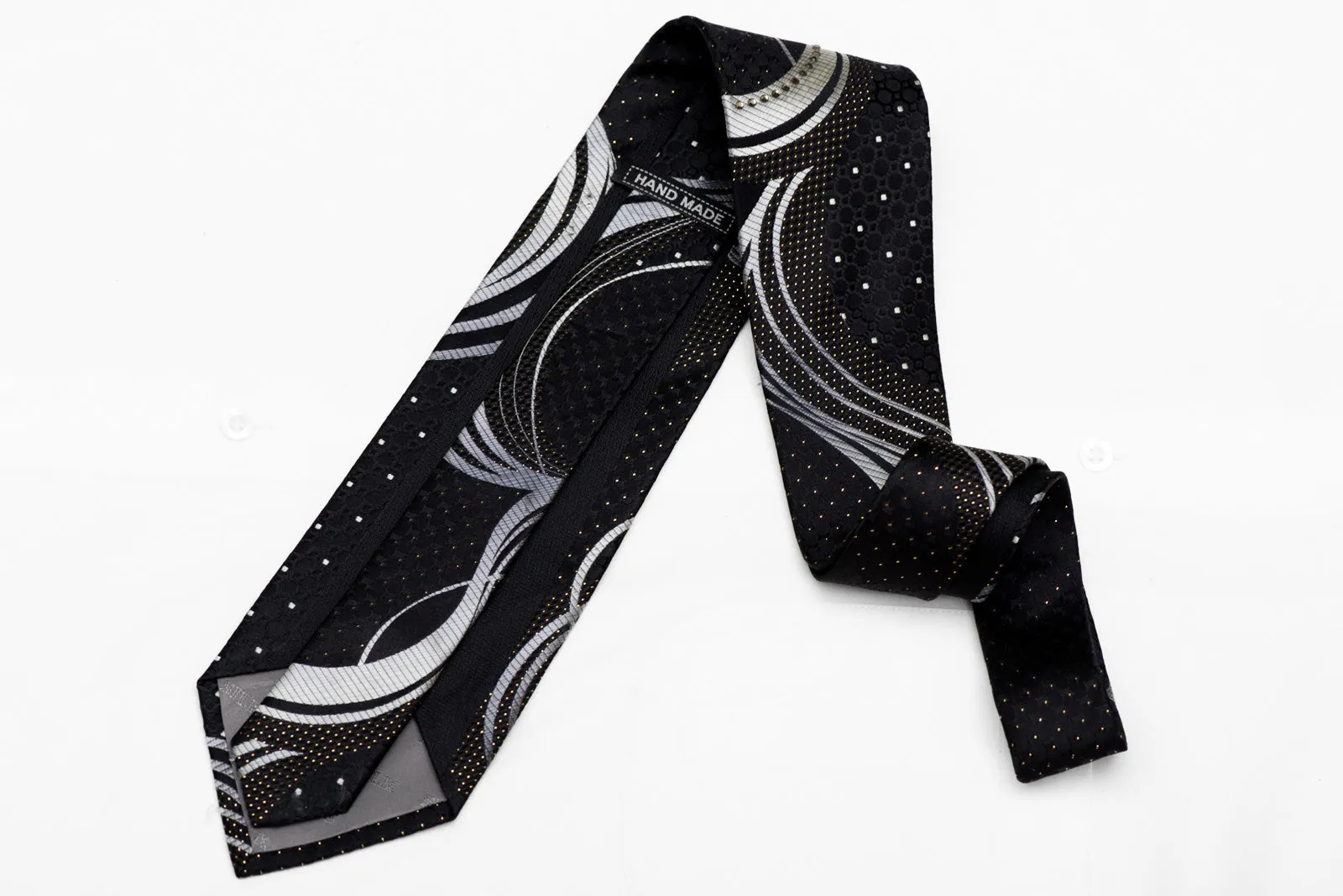Silver Waves On Black Rhinestone Silk Necktie With Gold Sparkles