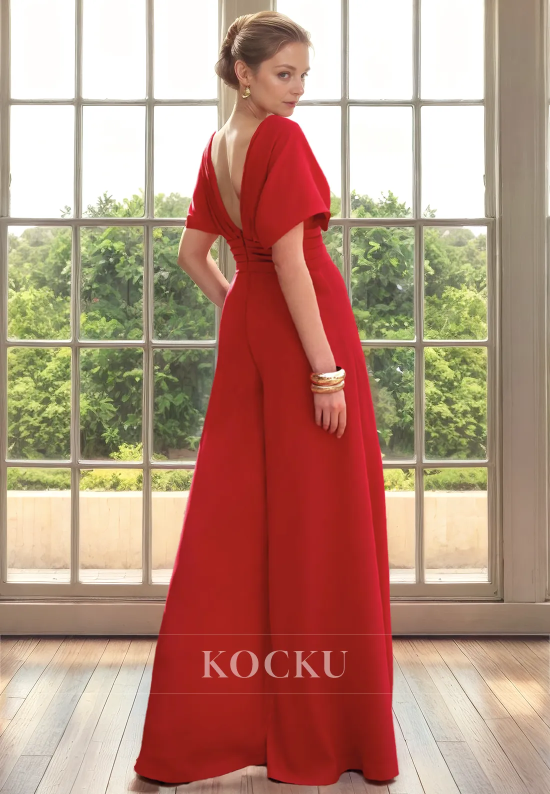 Simple & Casual V-Neck Short sleeves Backless Cocktail Mother of the Bride Dress