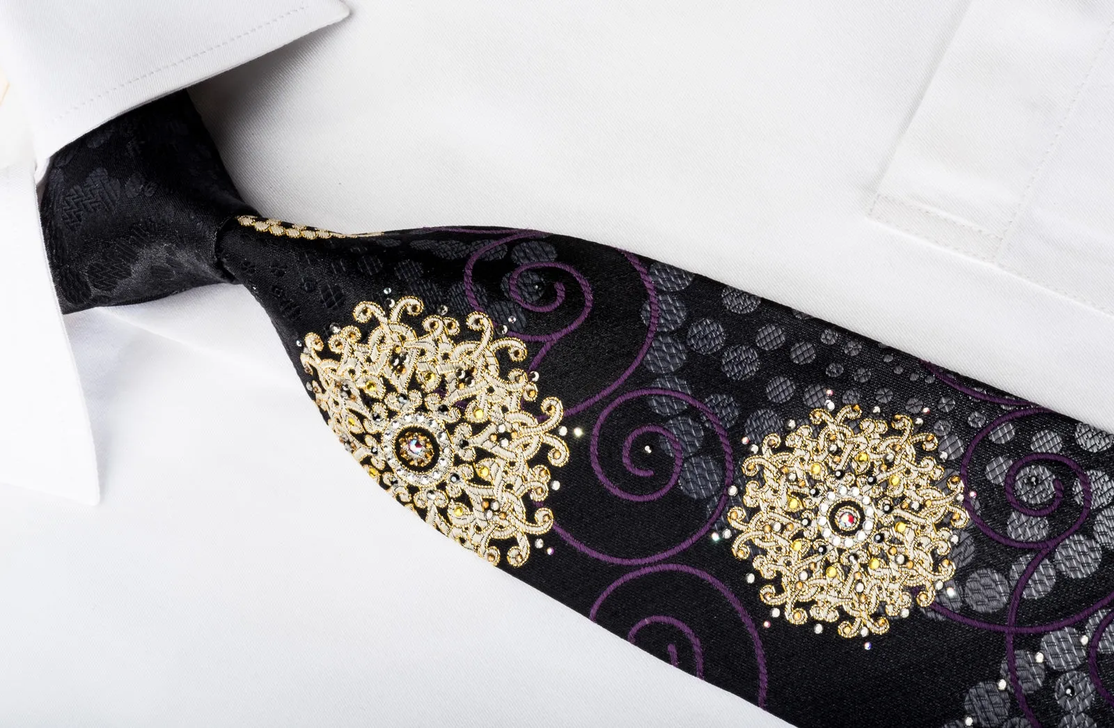 Smalto Men's Rhinestone Silk Necktie Golden Medallions On Black With Gold Sparkles