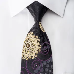 Smalto Men's Rhinestone Silk Necktie Golden Medallions On Black With Gold Sparkles