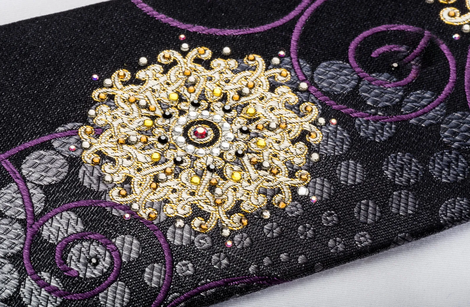 Smalto Men's Rhinestone Silk Necktie Golden Medallions On Black With Gold Sparkles
