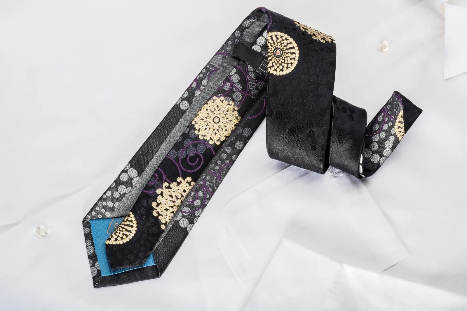 Smalto Men's Rhinestone Silk Necktie Golden Medallions On Black With Gold Sparkles