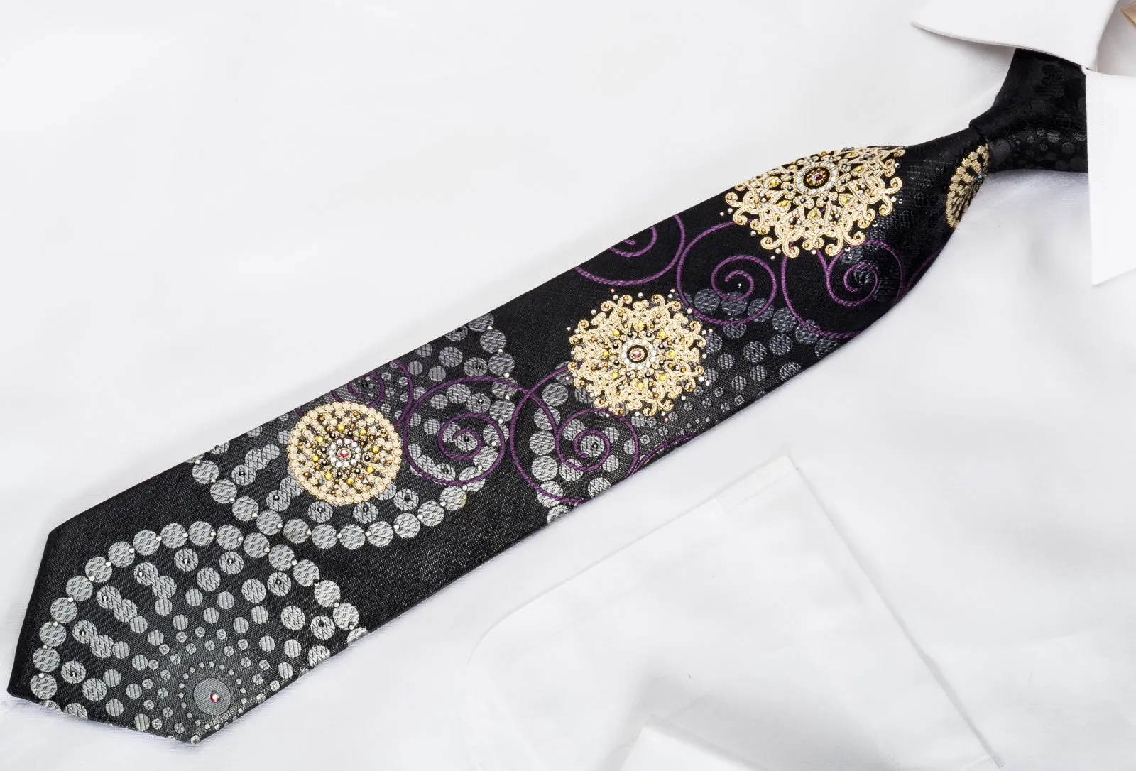 Smalto Men's Rhinestone Silk Necktie Golden Medallions On Black With Gold Sparkles