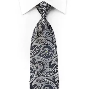 Smalto Men's Silk Necktie Silver Black Anthemion Paisley Sparkling With Crystal Rhinestones