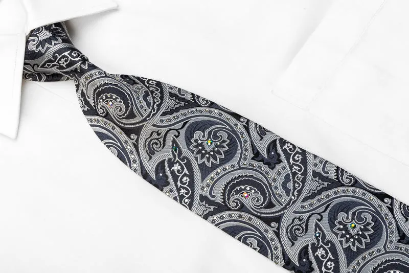 Smalto Men's Silk Necktie Silver Black Anthemion Paisley Sparkling With Crystal Rhinestones