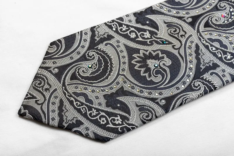 Smalto Men's Silk Necktie Silver Black Anthemion Paisley Sparkling With Crystal Rhinestones