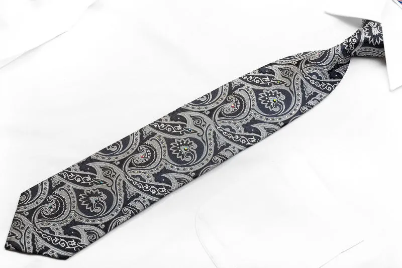Smalto Men's Silk Necktie Silver Black Anthemion Paisley Sparkling With Crystal Rhinestones