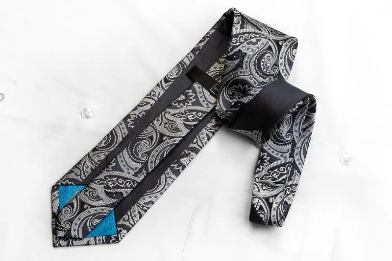 Smalto Men's Silk Necktie Silver Black Anthemion Paisley Sparkling With Crystal Rhinestones