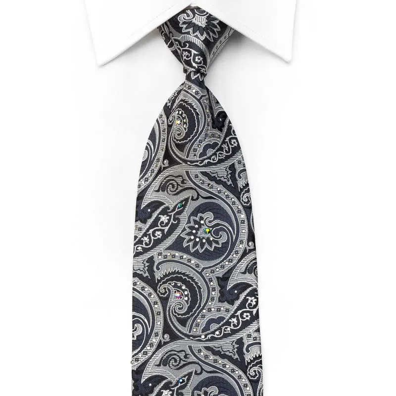 Smalto Men's Silk Necktie Silver Black Anthemion Paisley Sparkling With Crystal Rhinestones
