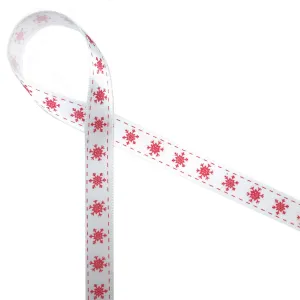 Snowflake Ribbon printed in red on 5/8" white single face satin