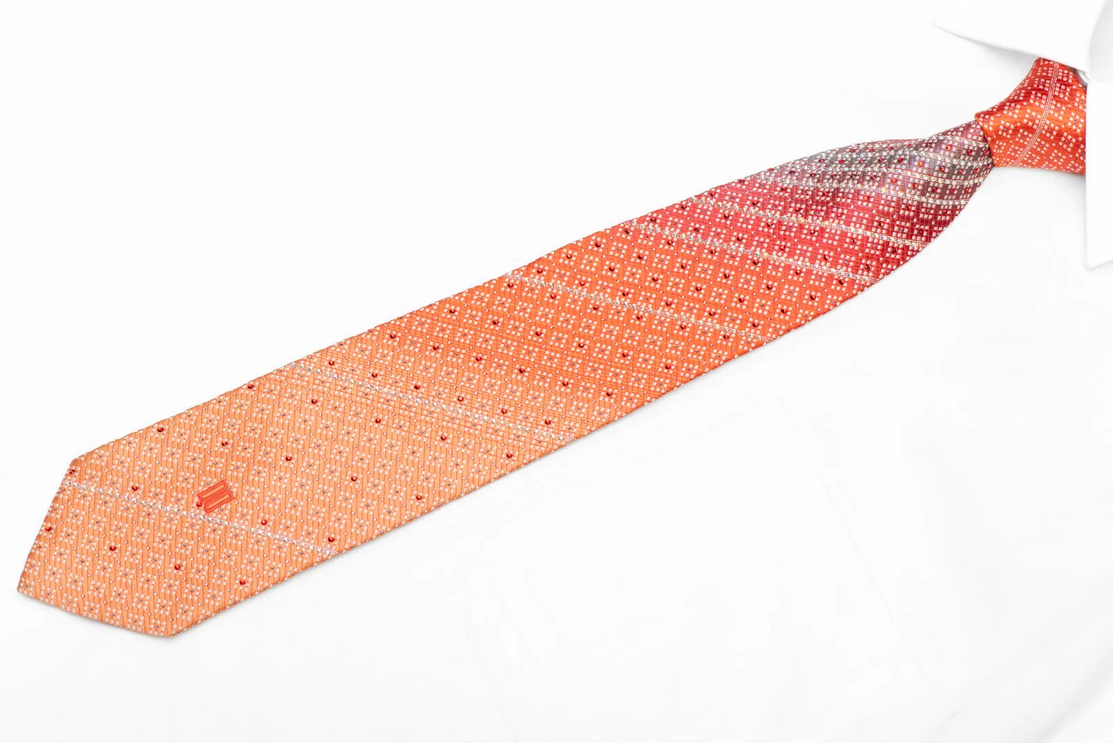 Striped Rhinestones On Orange Silk Necktie With Sparkles