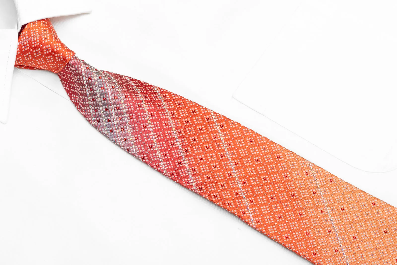 Striped Rhinestones On Orange Silk Necktie With Sparkles