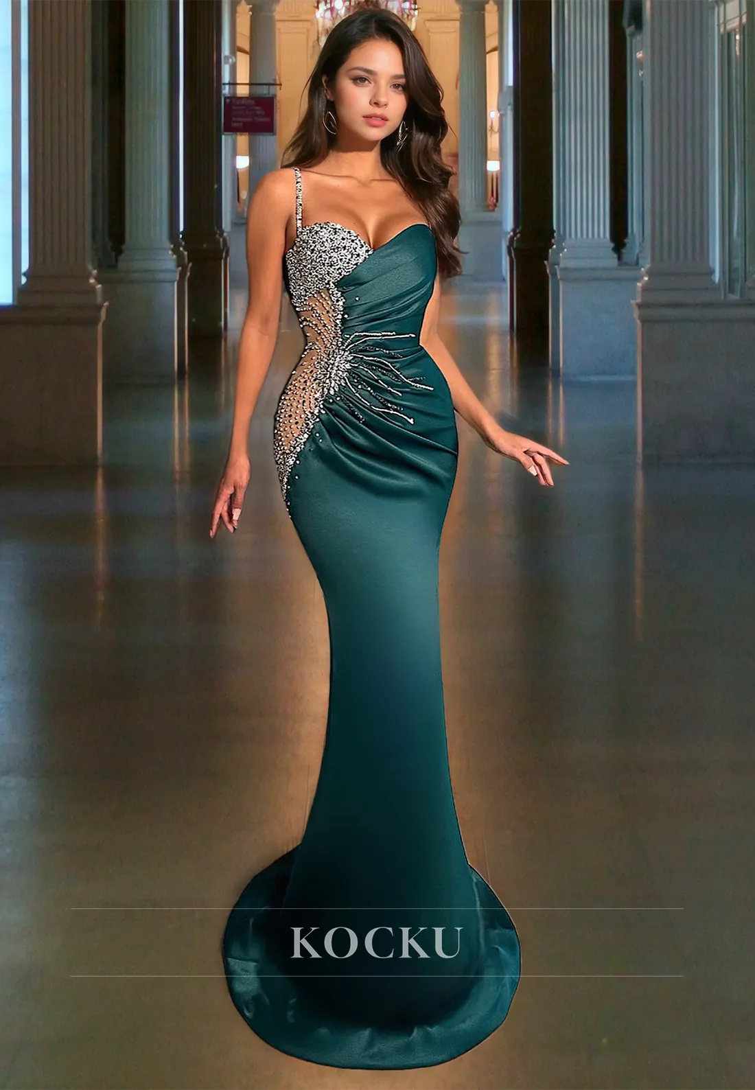 Sweetheart Mermaid Spaghetti Straps Sweep Train Pleated Satin Formal Gowns with Beads Prom Dress