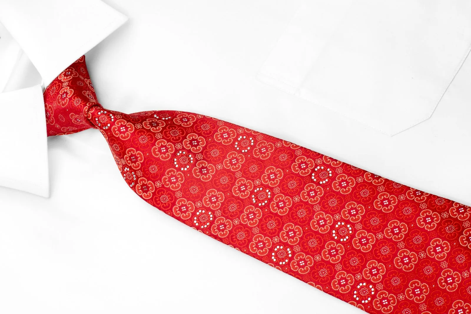 Taiyo Gold Mens Rhinestone Silk Necktie Foulard On Red With Silver Sparkles