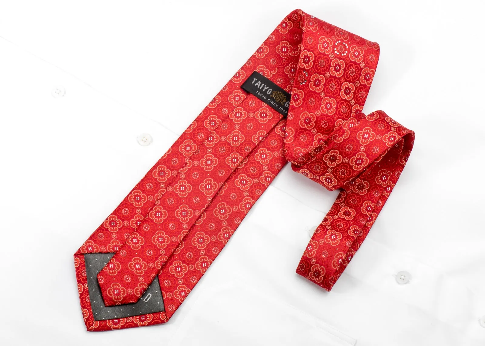 Taiyo Gold Mens Rhinestone Silk Necktie Foulard On Red With Silver Sparkles