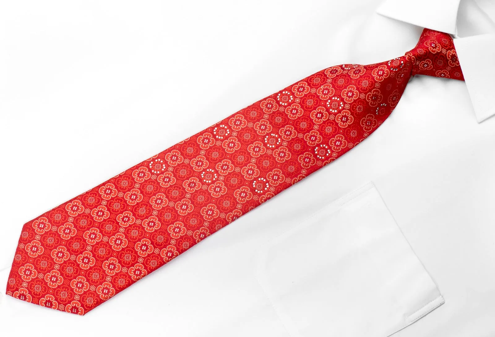 Taiyo Gold Mens Rhinestone Silk Necktie Foulard On Red With Silver Sparkles