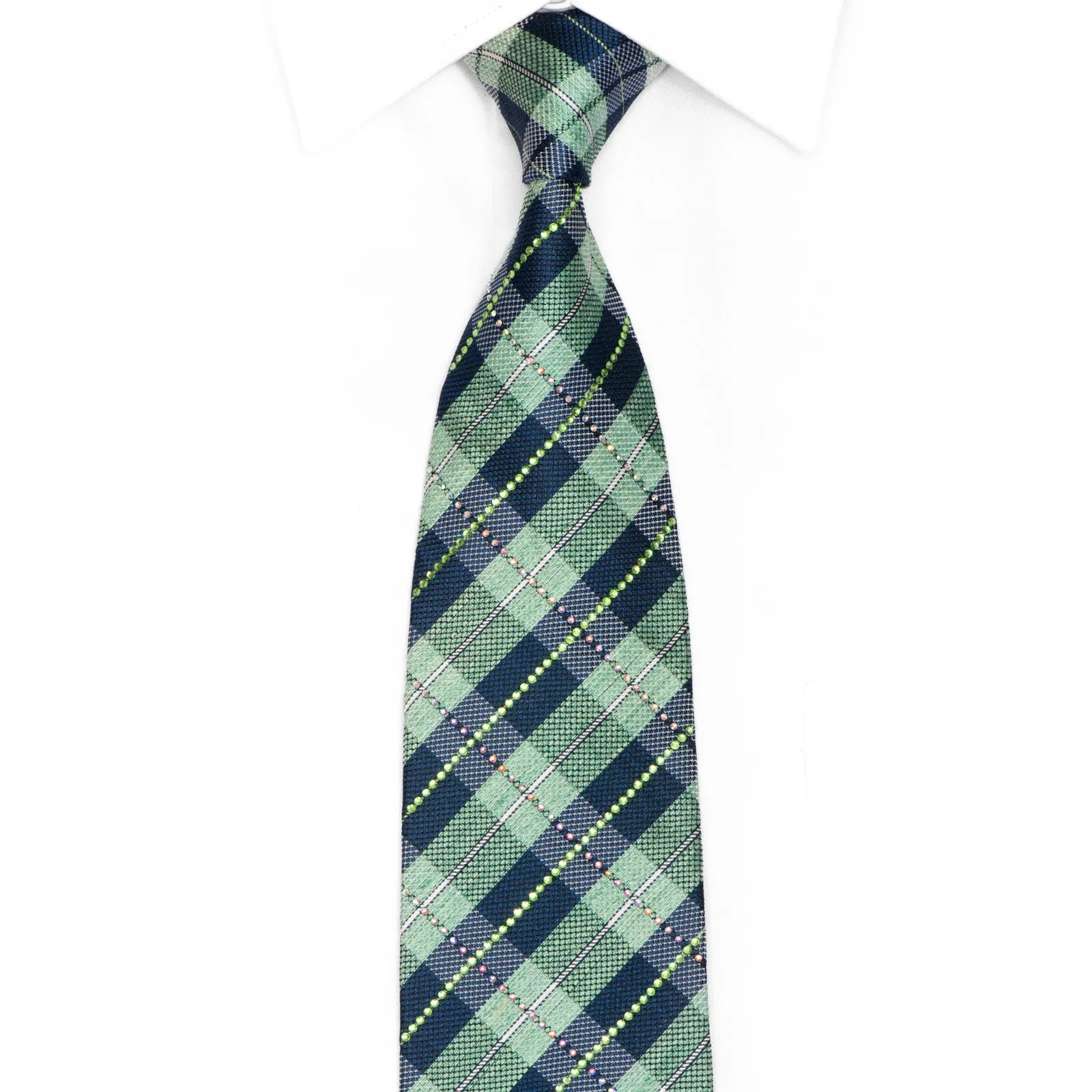 Teal Blue Plaid Pattern Rhinestone Silk Necktie