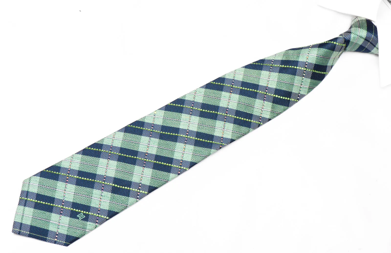 Teal Blue Plaid Pattern Rhinestone Silk Necktie