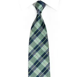 Teal Blue Plaid Pattern Rhinestone Silk Necktie