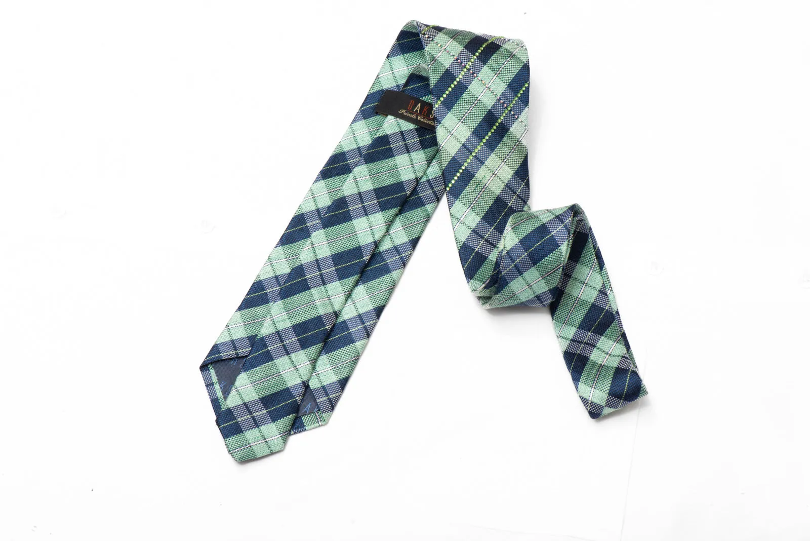 Teal Blue Plaid Pattern Rhinestone Silk Necktie