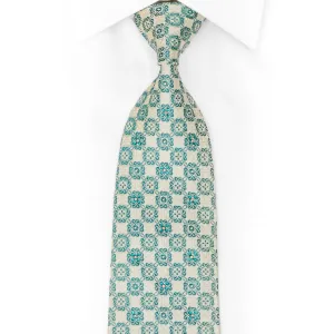 Teal Cartouche On Off White Rhinestone Silk Necktie With Green Sparkles