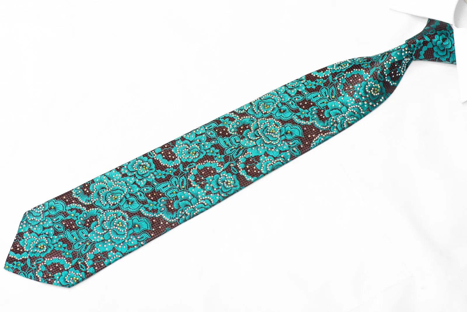 Teal Floral On Black Burgundy Rhinestone Necktie With Silver Sparkles