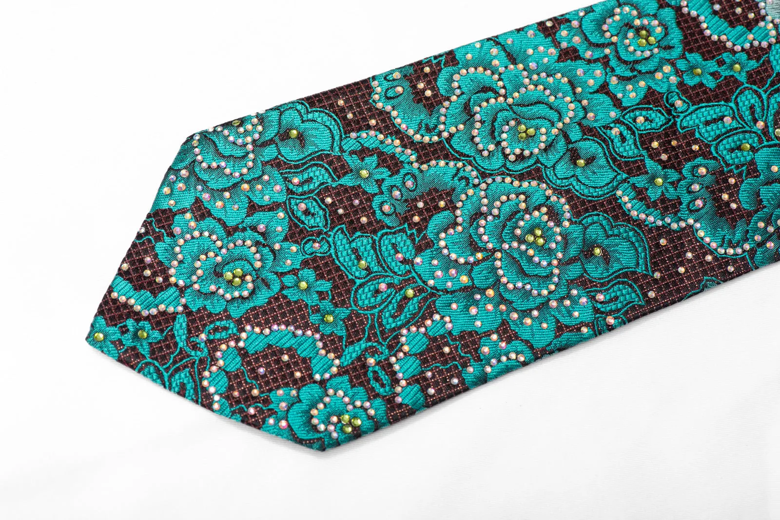 Teal Floral On Black Burgundy Rhinestone Necktie With Silver Sparkles