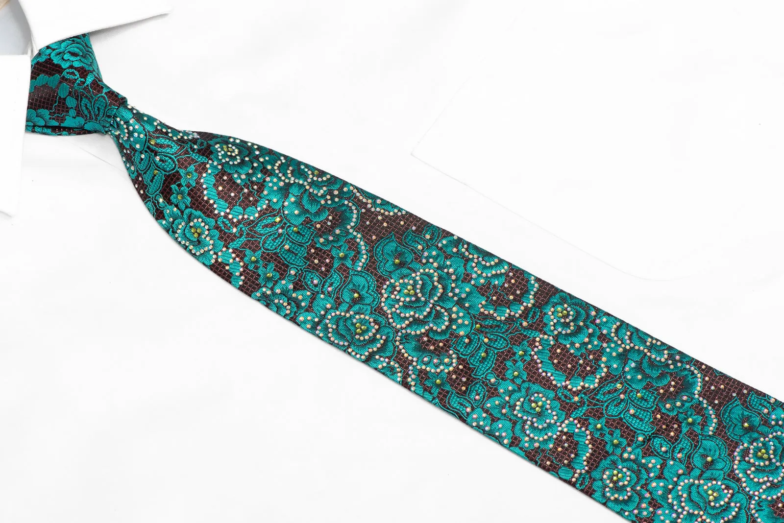 Teal Floral On Black Burgundy Rhinestone Necktie With Silver Sparkles