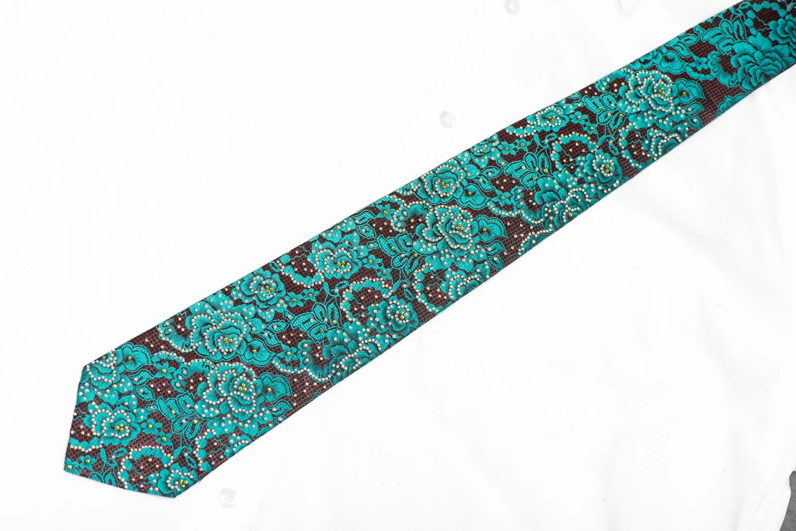 Teal Floral On Black Burgundy Rhinestone Necktie With Silver Sparkles