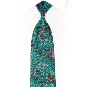 Teal Floral On Black Burgundy Rhinestone Necktie With Silver Sparkles