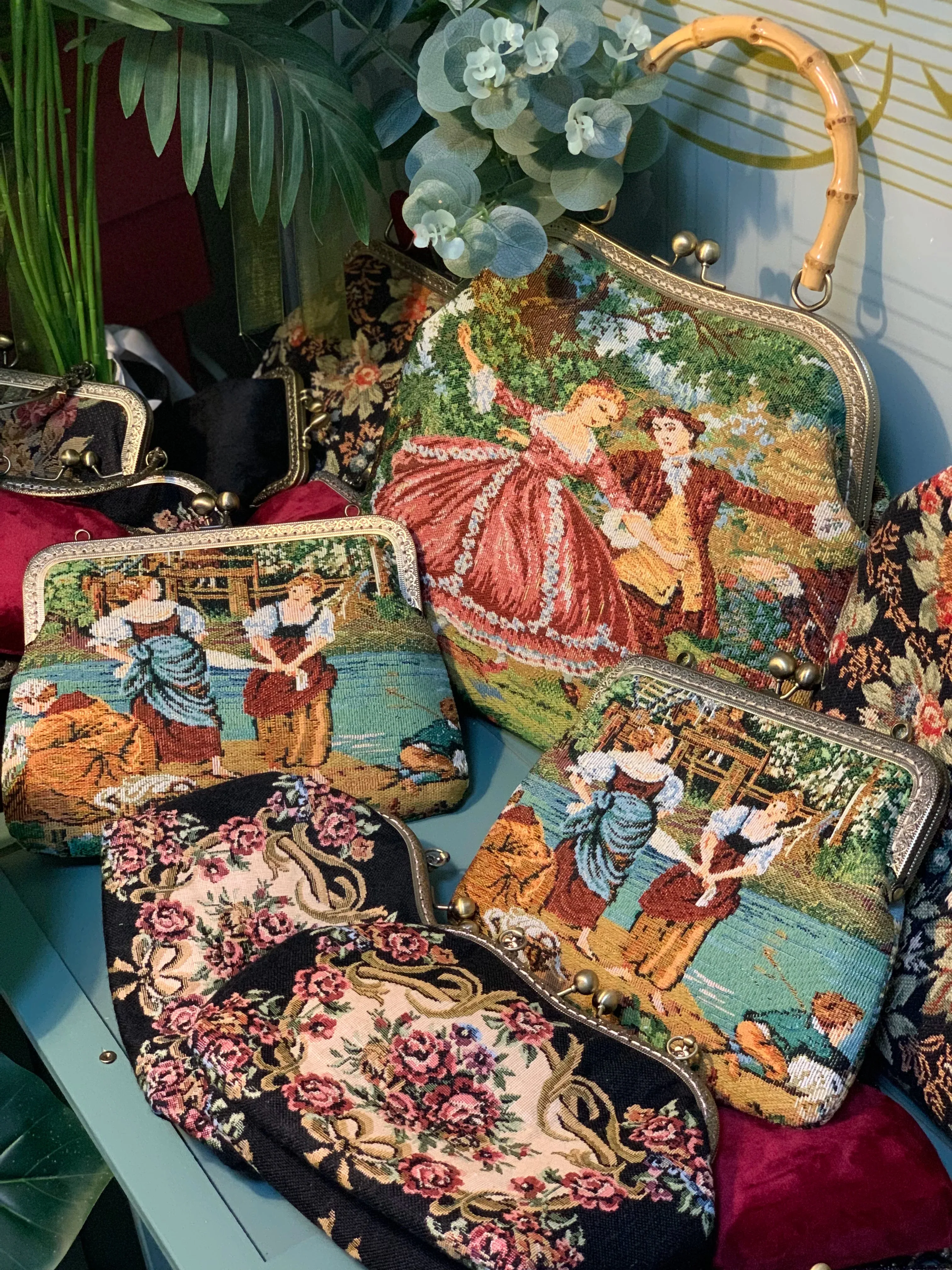 TEEK - Vintage French Tapestry Purse Clutch Bamboo Handbag