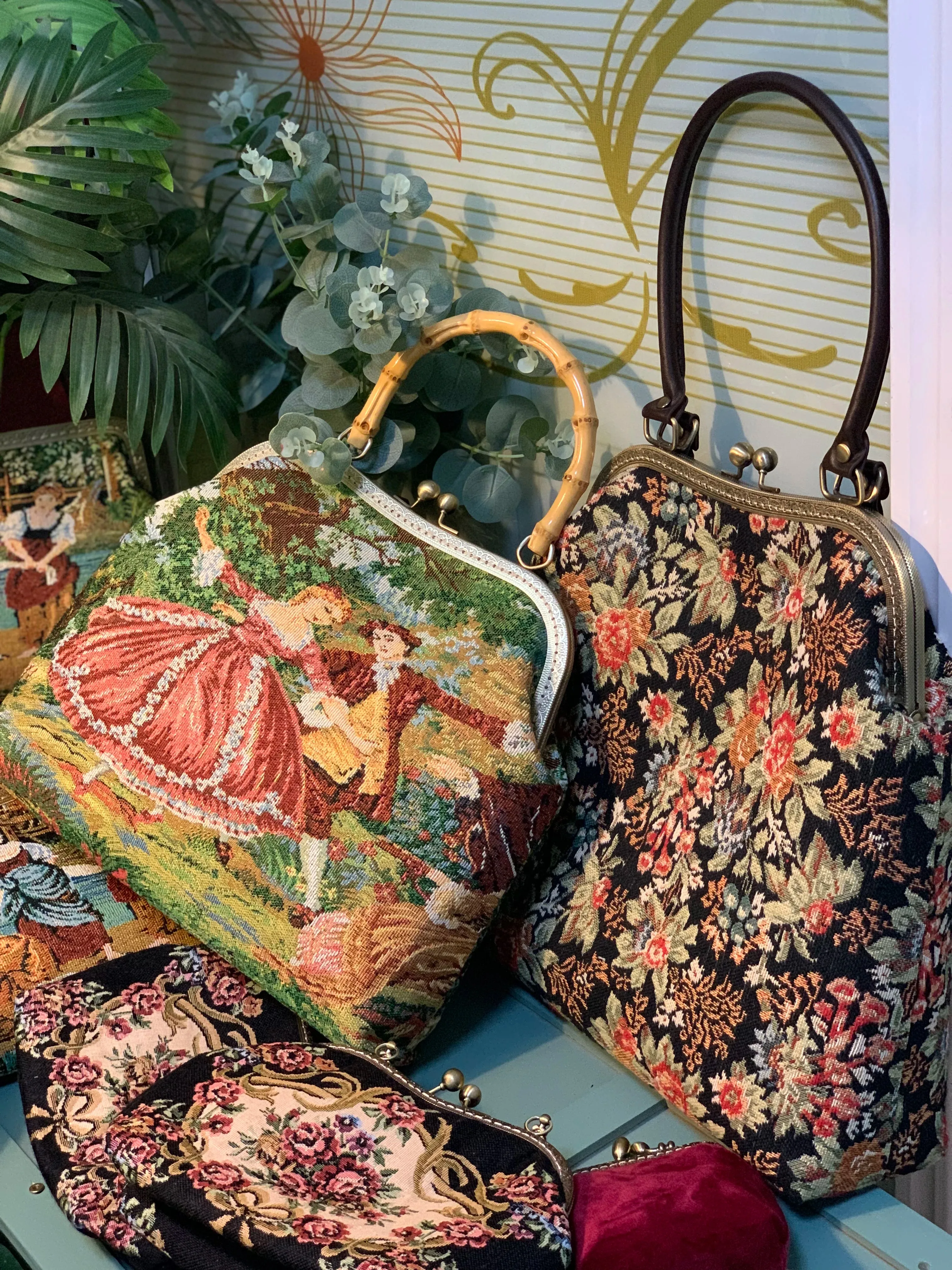 TEEK - Vintage French Tapestry Purse Clutch Bamboo Handbag
