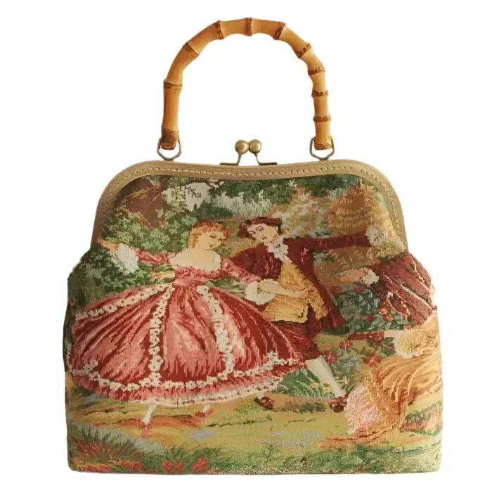 TEEK - Vintage French Tapestry Purse Clutch Bamboo Handbag
