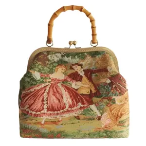 TEEK - Vintage French Tapestry Purse Clutch Bamboo Handbag
