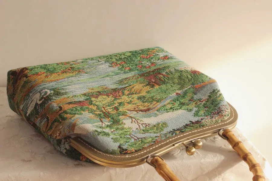 TEEK - Vintage French Tapestry Purse Clutch Bamboo Handbag