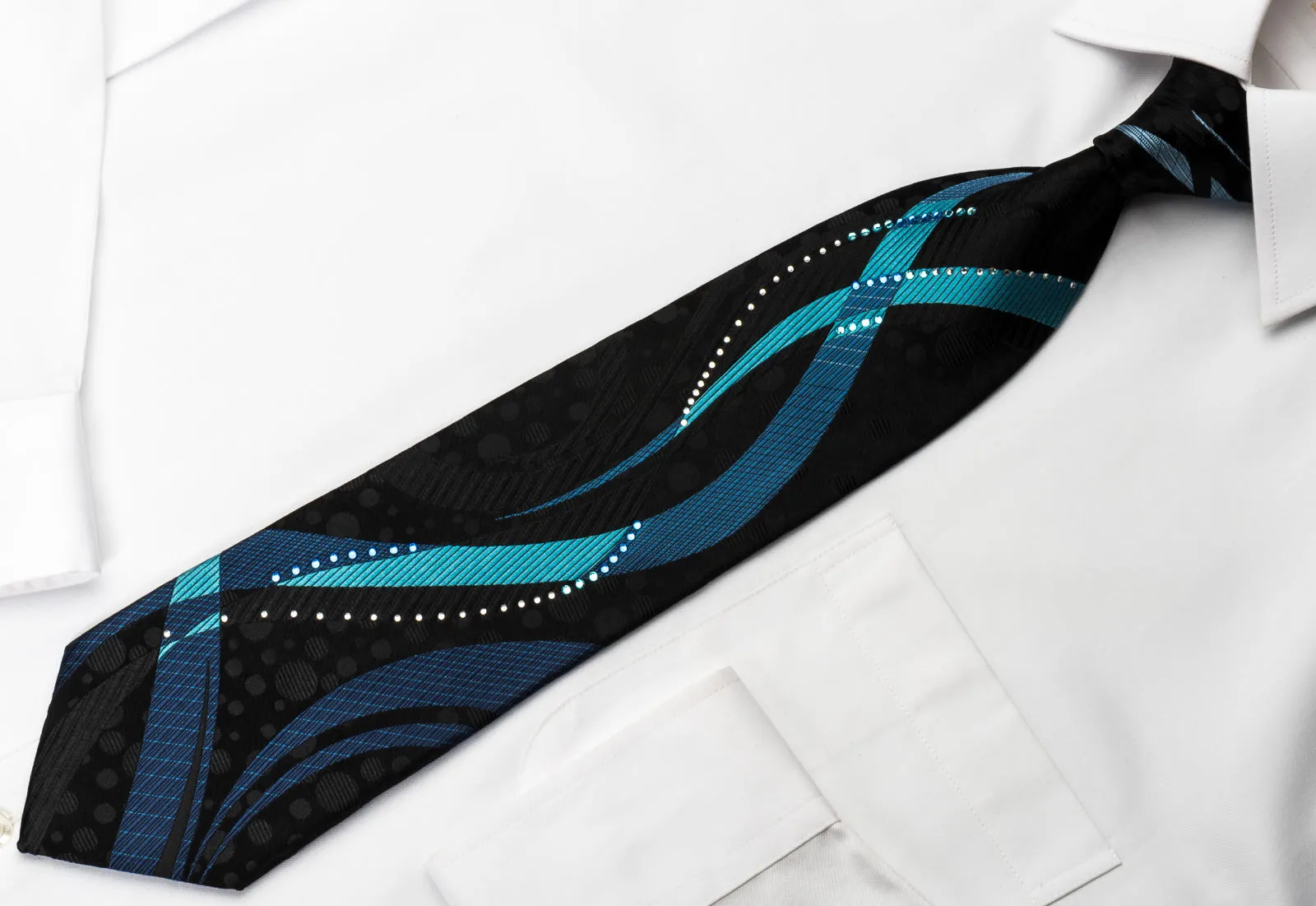 The Tie Story Rhinestone Necktie Blue Waves On Black Silk