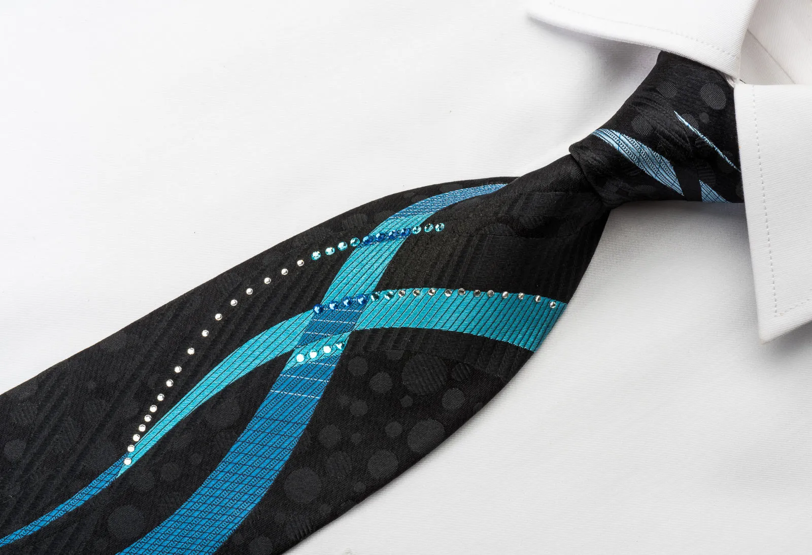The Tie Story Rhinestone Necktie Blue Waves On Black Silk