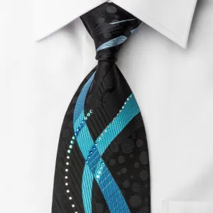 The Tie Story Rhinestone Necktie Blue Waves On Black Silk