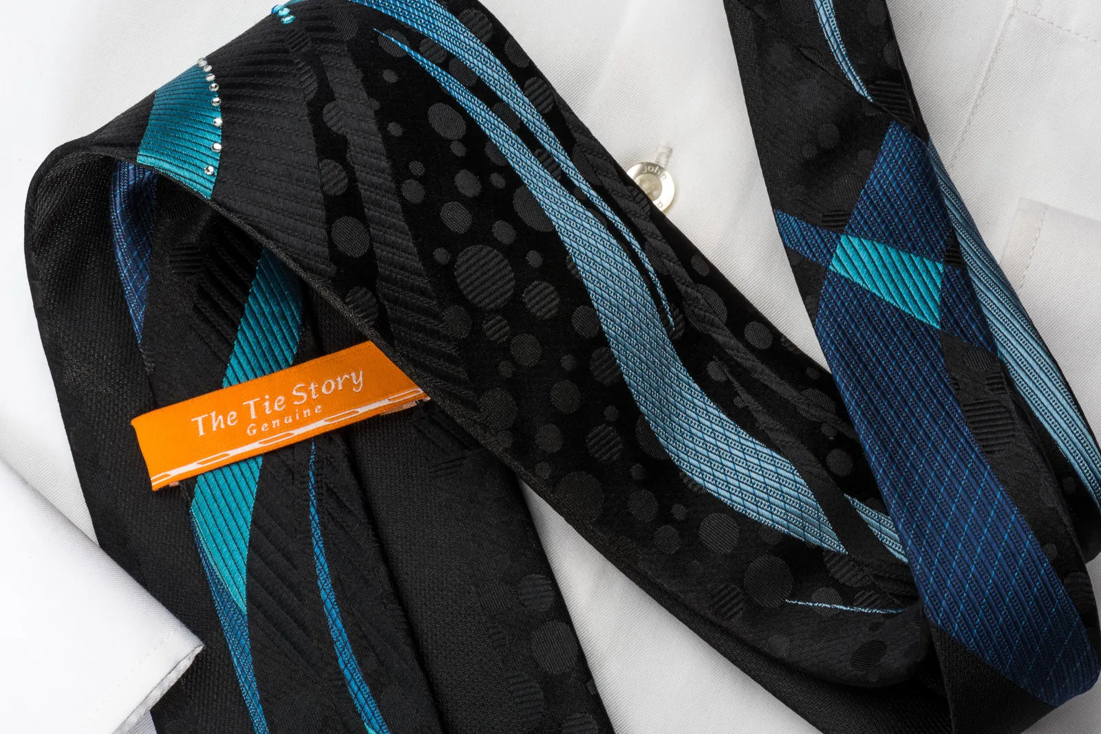 The Tie Story Rhinestone Necktie Blue Waves On Black Silk