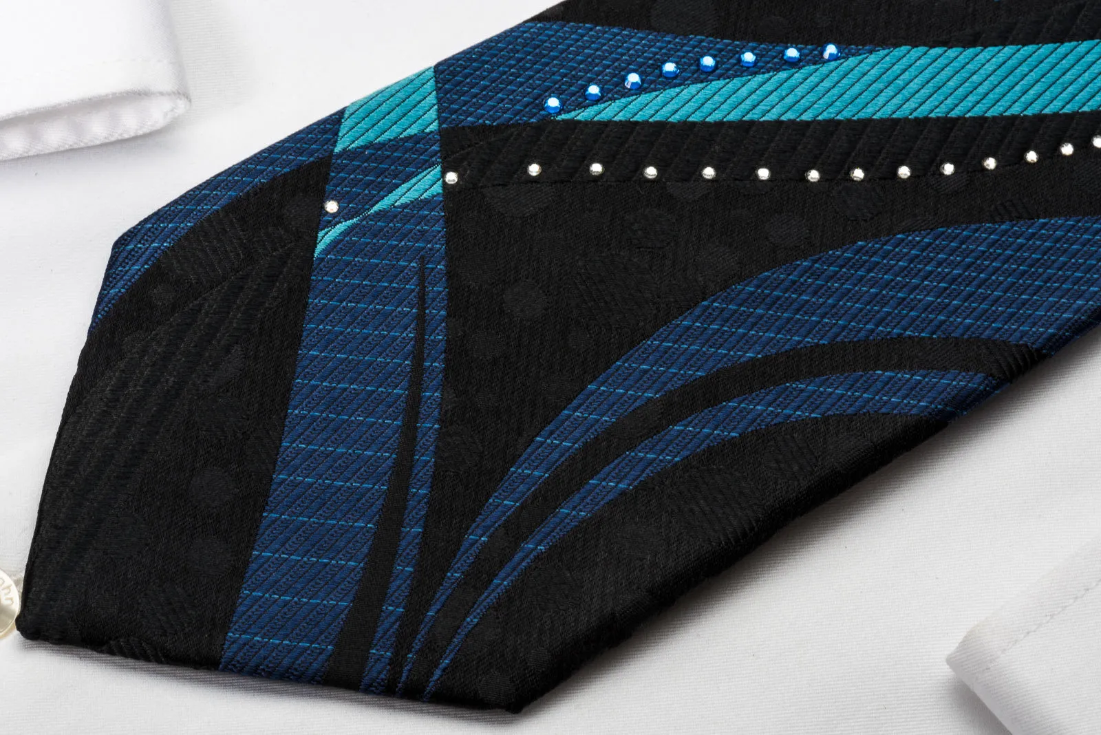 The Tie Story Rhinestone Necktie Blue Waves On Black Silk