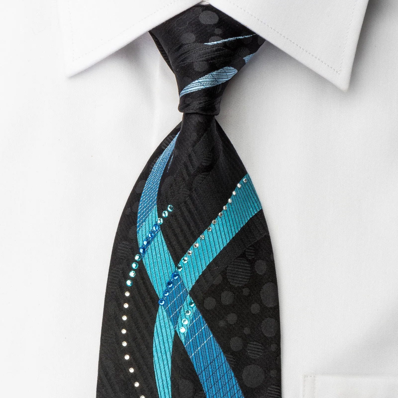 The Tie Story Rhinestone Necktie Blue Waves On Black Silk